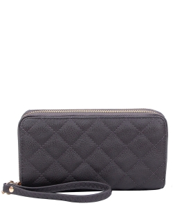 Quilted Double Zip Around Wallet Wristlet QW0012 CHARCOAL GRAY
